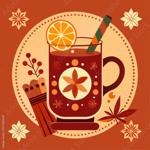 A colorful poster with a mug of hot chocolate and a slice of orange. The poster has a festive and warm mood, with the orange slice and the hot chocolate mug being the main focus