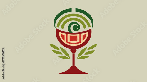 A glass with a swirl and a leaf on top. The glass is green, red and yellow