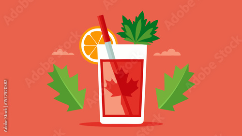 A glass of red drink with a straw and a slice of orange on top. The drink is garnished with a leaf and is set on a red background