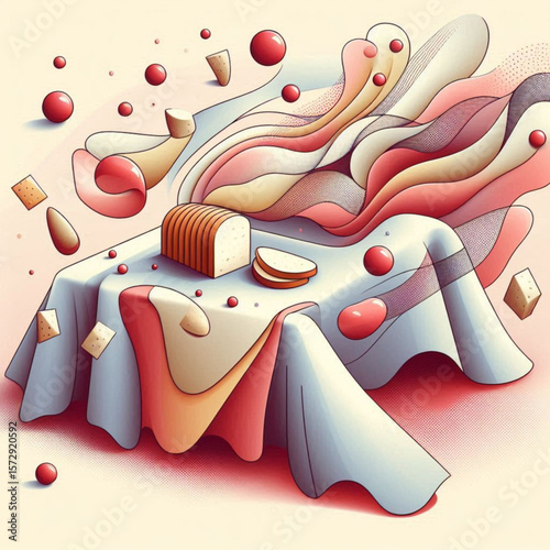 table with bread and wine, Dynamic abstract still life of bread with flowing colors and playful shapes