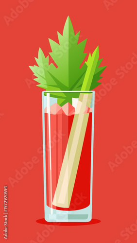 A glass of red drink with a straw and a slice of orange on top. The drink is garnished with a leaf and is set on a red background