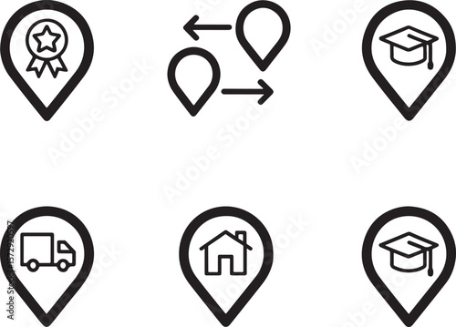 Diverse Set of Location Pin Icons Representing a Star Award, Route Transfer, Graduation, Delivery Service, and a House with Chimney