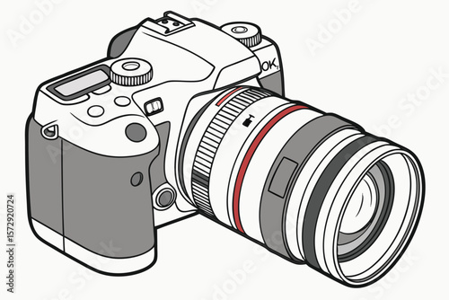Sleek Digital SLR Camera Depicts Technological Advancement in Photography Equipment and Optical Precision Lens Manufacturing