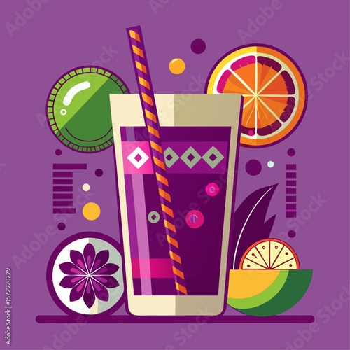 A colorful drink with a straw in it is surrounded by fruit slices. The drink is purple and has a green rim