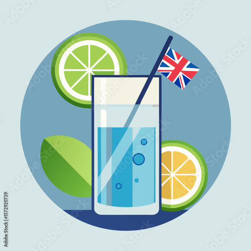 A glass of water with a lime wedge and a British flag on top. Concept of relaxation and enjoyment, as it is a refreshing drink with a British flag, which could be associated with a warm and sunny day