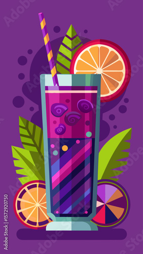A colorful drink with a straw in it is surrounded by fruit slices. The drink is purple and has a green rim