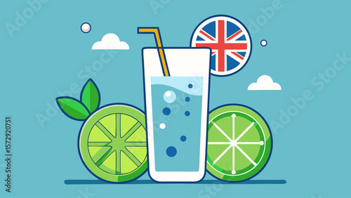 A glass of water with a lime wedge and a British flag on top. Concept of relaxation and enjoyment, as it is a refreshing drink with a British flag, which could be associated with a warm and sunny day