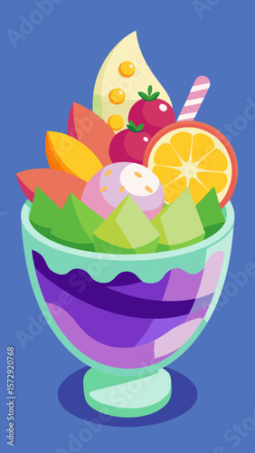 A bowl of fruit with a spoon in it. The bowl is purple and the fruit is colorful