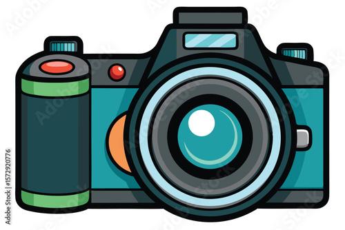 Illustration of a Vintage Camera With Lens and Button Details in Appealing Teal and Gray Shades