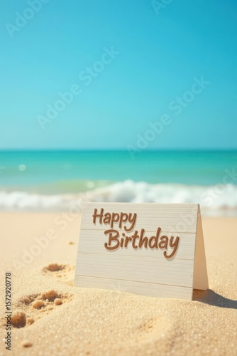 A heartwarming beachside birthday message on a rustic wooden sign, nestled in the golden sand, with ocean waves gently lapping in the background