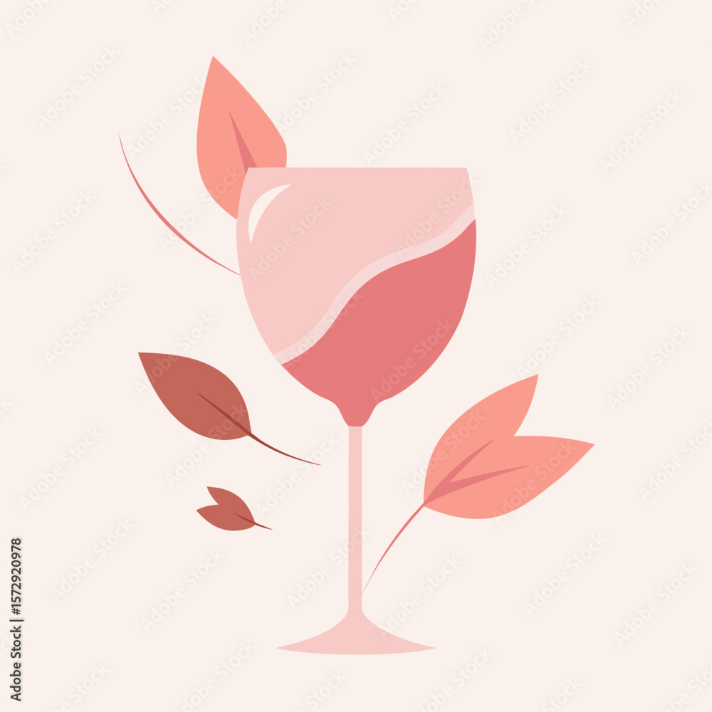 A wine glass with a leafy stem is placed in the center of a leafy border. The wine glass is filled with a deep red wine, giving the impression of a rich and luxurious drink