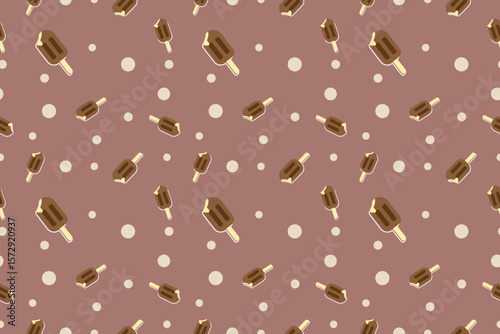 Seamless pattern featuring chocolate ice cream bars and dots on brown background creates playful and sweet design