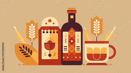 A bottle of wine is next to a cup of coffee and a leaf. The image has a warm, cozy feeling to it