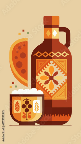 A bottle of wine is next to a cup of coffee and a leaf. The image has a warm, cozy feeling to it