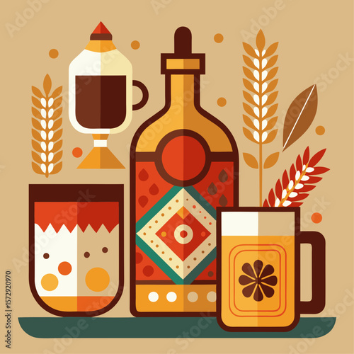 A bottle of wine is next to a cup of coffee and a leaf. The image has a warm, cozy feeling to it