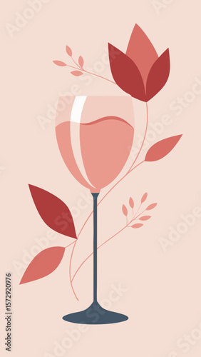A wine glass with a leafy stem is placed in the center of a leafy border. The wine glass is filled with a deep red wine, giving the impression of a rich and luxurious drink