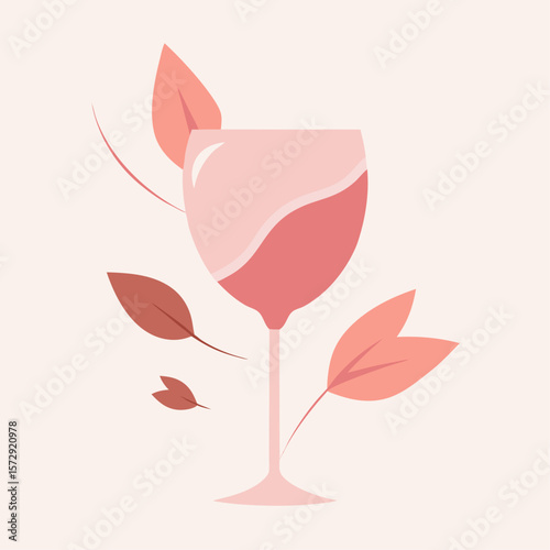 A wine glass with a leafy stem is placed in the center of a leafy border. The wine glass is filled with a deep red wine, giving the impression of a rich and luxurious drink