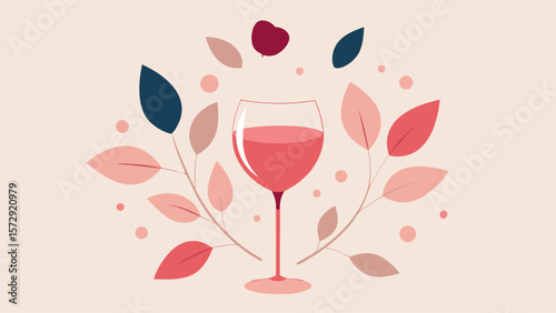 A wine glass with a leafy stem is placed in the center of a leafy border. The wine glass is filled with a deep red wine, giving the impression of a rich and luxurious drink