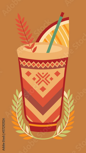 A colorful drink in a cup with a straw and a leaf on the side. The drink is orange and yellow, and the leaf is green. The cup is decorated with a pattern, and the leaf is placed on the side of the cup