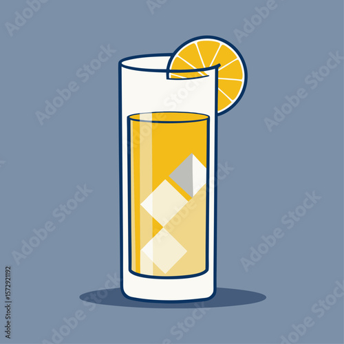 A glass of ice cold lemonade with a slice of lemon on top. The glass is half full and the lemon slice is floating on top of the drink. The image conveys a refreshing and summery mood