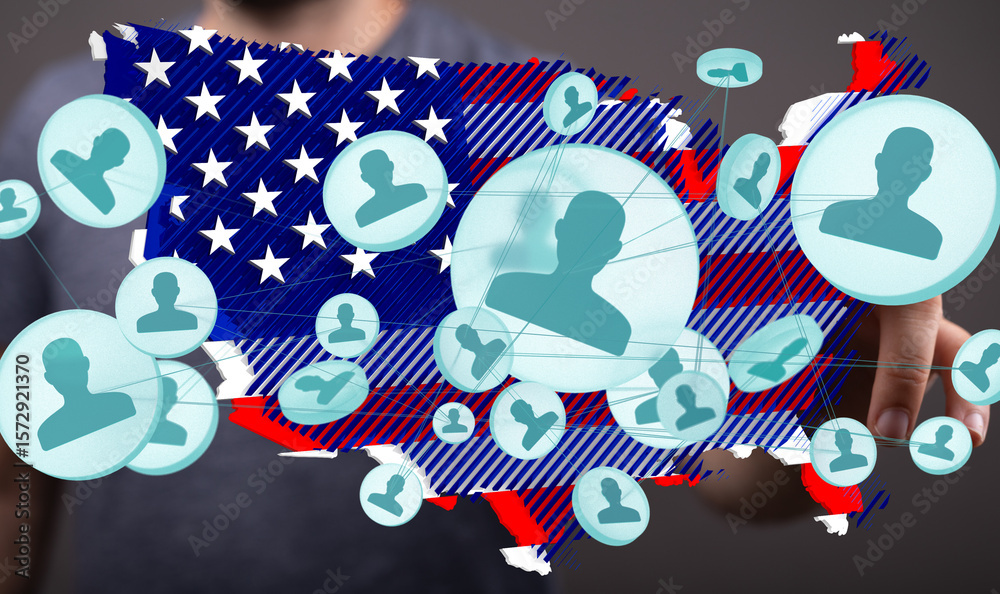 Obraz premium Visual representation of a social network across the United States. Ideal for illustrating connection, community, and nationwide reach.
