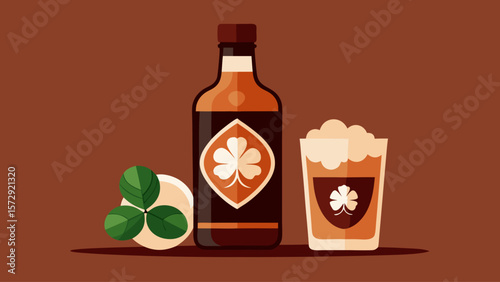 A bottle of alcohol with a shamrock on it and a glass of alcohol next to it. The bottle is brown and the glass is clear