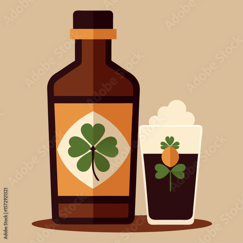 A bottle of alcohol with a shamrock on it and a glass of alcohol next to it. The bottle is brown and the glass is clear