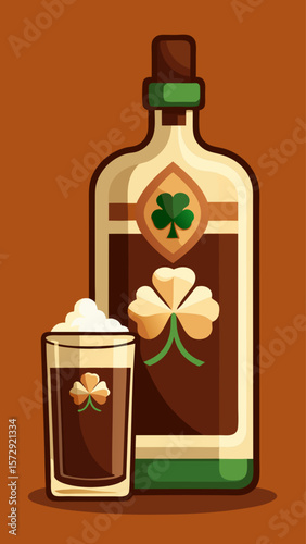 A bottle of alcohol with a shamrock on it and a glass of alcohol next to it. The bottle is brown and the glass is clear