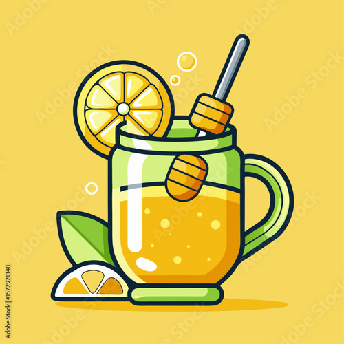 A glass of lemonade with a straw and a slice of lemon on the side. The image has a bright and cheerful mood, with the lemonade and straw adding a sense of refreshment and relaxation