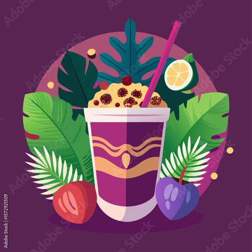 A drink in a cup with a straw and a bunch of fruit on the side. The drink is a smoothie and the fruit is a mix of apples and oranges