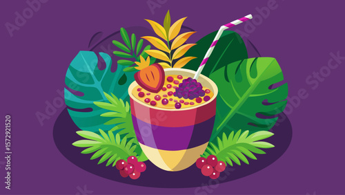 A drink in a cup with a straw and a bunch of fruit on the side. The drink is a smoothie and the fruit is a mix of apples and oranges