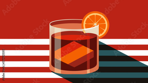 A glass of red drink with a slice of orange on top. The drink appears to be a cocktail, possibly a martini or a similar drink