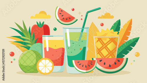 A colorful assortment of fruit and drinks, including a glass of Aquia juice. Concept of freshness and health, with the vibrant colors of the fruits and drinks