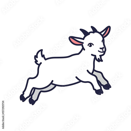 A charming white baby goat joyfully bounces, its simple yet expressive features adding to its appeal