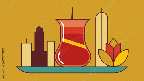 A beautiful glass vase filled with a deep red liquid sits on a table next to a city skyline. The vase is tall and slender, with a unique shape that makes it stand out