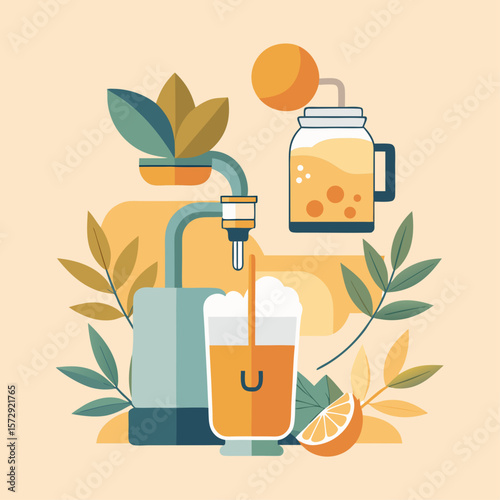 A coffee machine with a glass of orange juice next to it. Concept of health and wellness, as the orange juice is a nutritious beverage