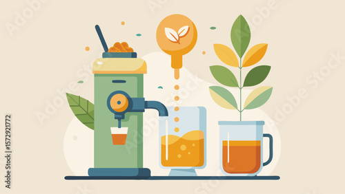 A coffee machine with a glass of orange juice next to it. Concept of health and wellness, as the orange juice is a nutritious beverage