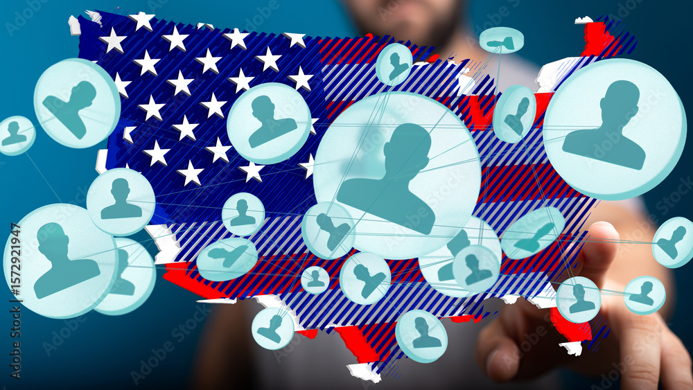 Obraz premium Illustrates a network of individuals across the United States, highlighting connections and community.