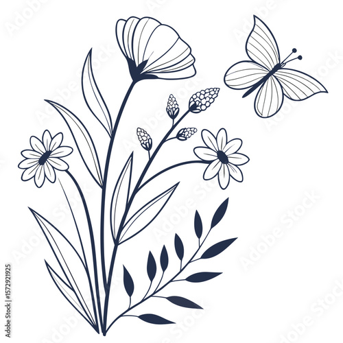 Elegant Floral Line Art Illustration with Butterfly