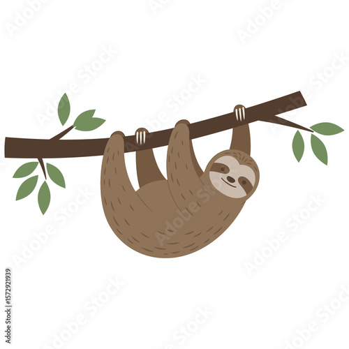 A brown sloth hangs upside down from a tree branch, its peaceful expression and relaxed posture highlighting its slowpaced lifestyle