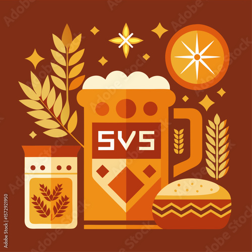 A colorful poster with a beer mug, a glass, and a sandwich. The poster is titled "SVS" and features a leafy green background