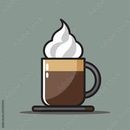 A cup of coffee with whipped cream on top. The whipped cream is fluffy and white, and the coffee is brown. Concept of warmth and comfort, as if the person drinking the coffee is enjoying a cozy moment
