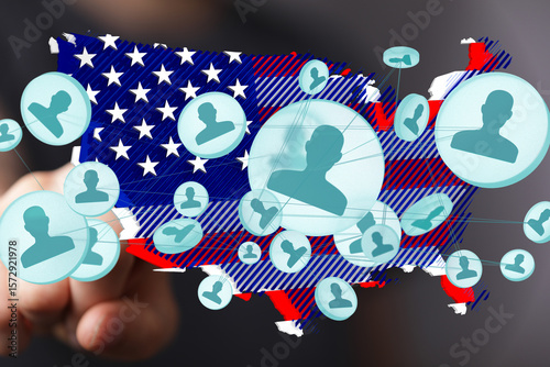 Illustrative image of a social network connecting US citizens, visualized over a map of the United States.
