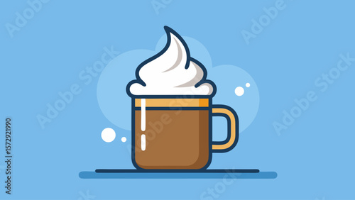 A cup of coffee with whipped cream on top. The whipped cream is fluffy and white, and the coffee is brown. Concept of warmth and comfort, as if the person drinking the coffee is enjoying a cozy moment