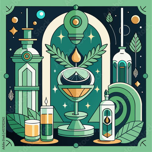 A cartoonish drawing of a cocktail party with a green martini glass, a martini shaker, and a martini glass with a green garnish
