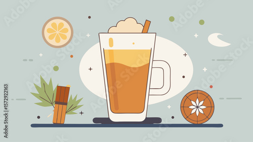 A glass of coffee with a sprig of mint on the side. The coffee is served in a clear glass mug