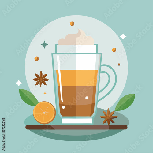A glass of coffee with a sprig of mint on the side. The coffee is served in a clear glass mug