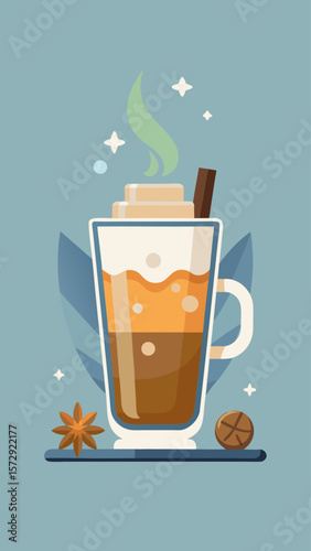A glass of coffee with a sprig of mint on the side. The coffee is served in a clear glass mug