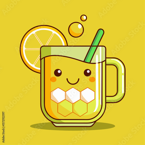 A cartoonish cup of lemonade with a straw in it. The cup is smiling and the lemon slice is also smiling