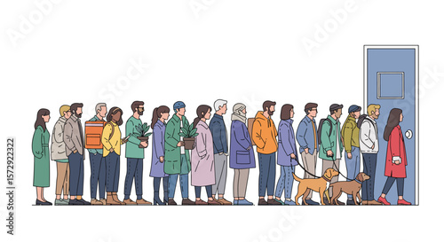 A diverse group of people with their pets wait patiently in a long orderly queue outside a closed door ready to enter